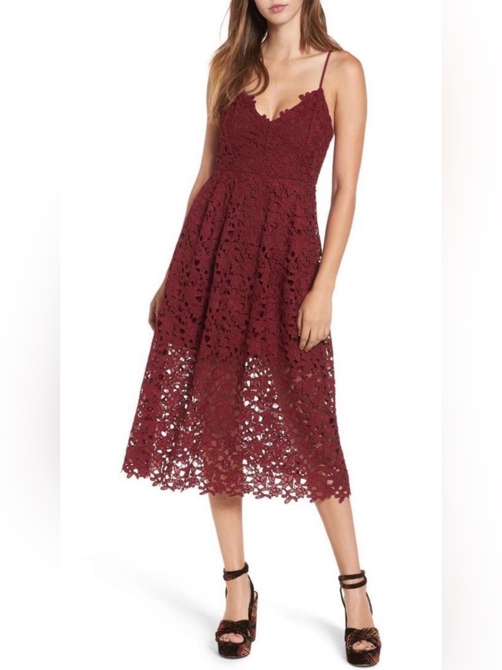 ASTR Women's Lace A Line Midi Dress - Deep Red - Large